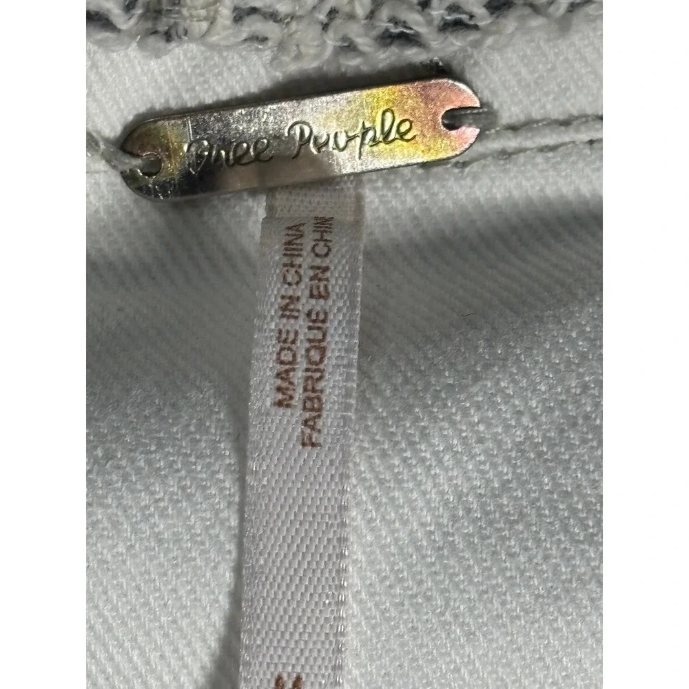 Free People White Denim Jacket Gray Knit Sleeves Hoodie Layered Casual Wom‎ SZ M - Picture 3 of 8